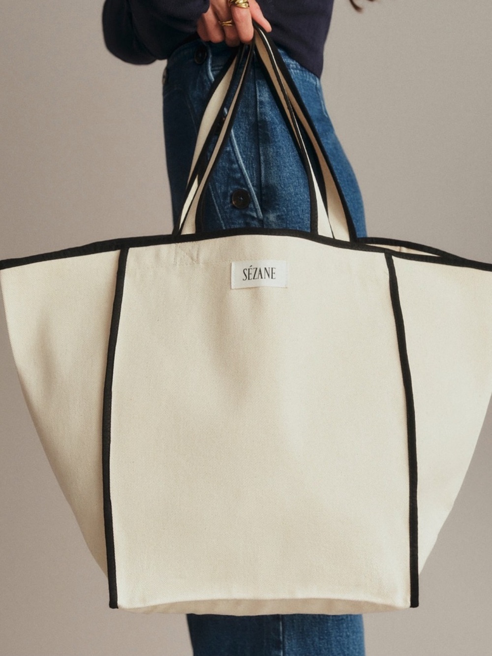 Sezane 100% Cotton Canvas Tote Shopper Bag Cream Ecru w/Black
Piping
